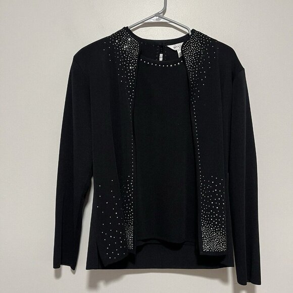 Exclusively Misook Black Acrylic Rhinestone Studded Cardigan and Shell Tank XS/S - Picture 1 of 13
